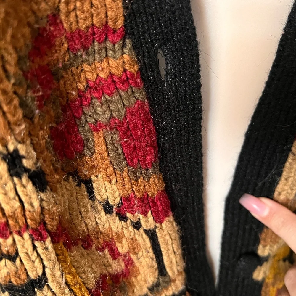 Vintage GP Collections Black Cardigan with Vibrant Yellow and Red Pattern - Picture 3 of 4